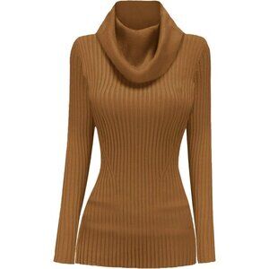 Women’s Cowl Neck Brown Stretchable Knit Long Sleeve Bodycon Slim Sexy Sweater